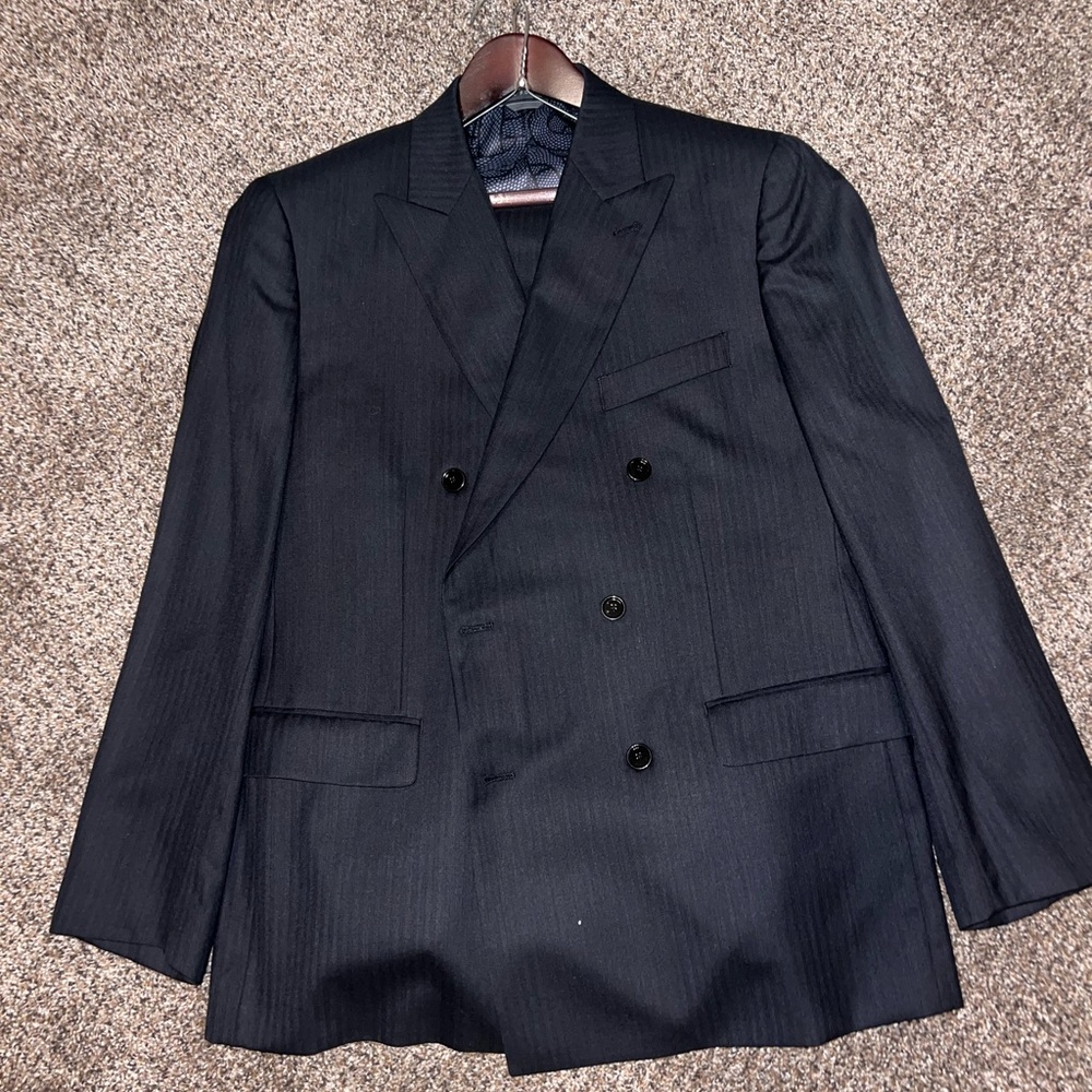 Black Herringbone Double Breasted Suit Peak Lapel 100% Wool Custom